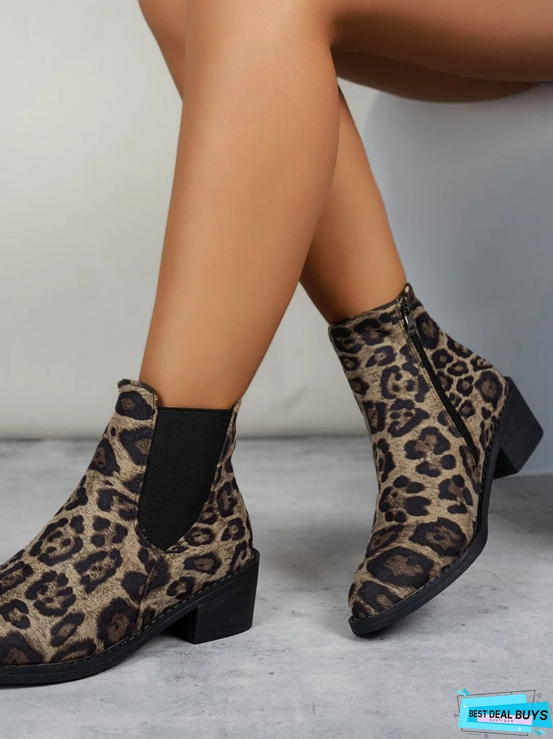 Leopard Point Toe Block Heel Boots