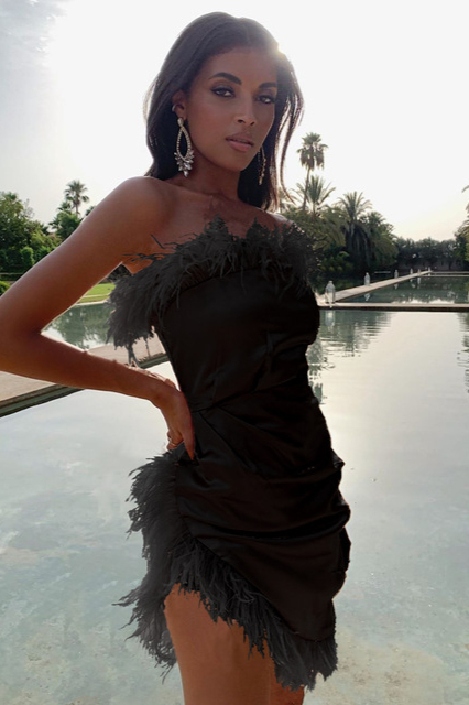 black strapless short prom dress with feather