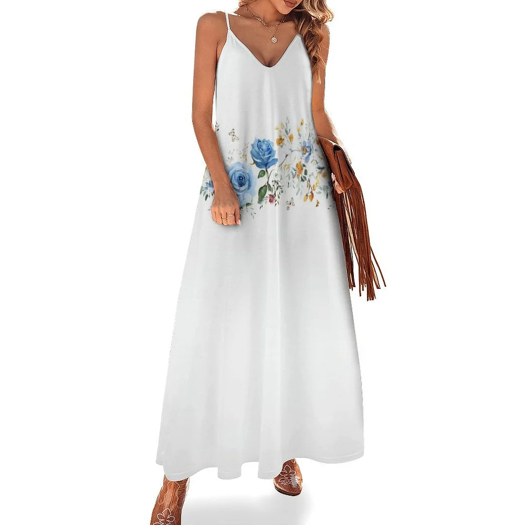 Style & Comfort for Mature Women Plus Size Printed Sling Casual Women Maxi Dress in Pattern Floral, Blue, Colorful
