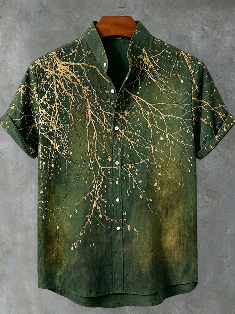 Men's Vintage Plant-printed Art Casual Cotton And Linen Short-sleeved Shirt  artssus