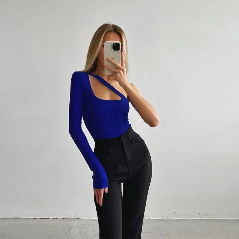 Yimunancy Hollow Out One Shoulder Women Bodysuits 2022 Spring Sexy Asymmetrical  Bodycon Knitted Casual Jumpsuits
