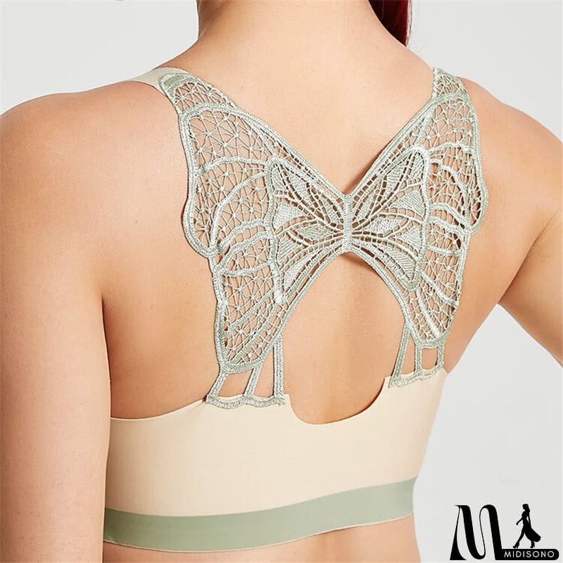 MidiSono - Women's Back Butterfly Embroidered Front Closure Soft Bras - Nude