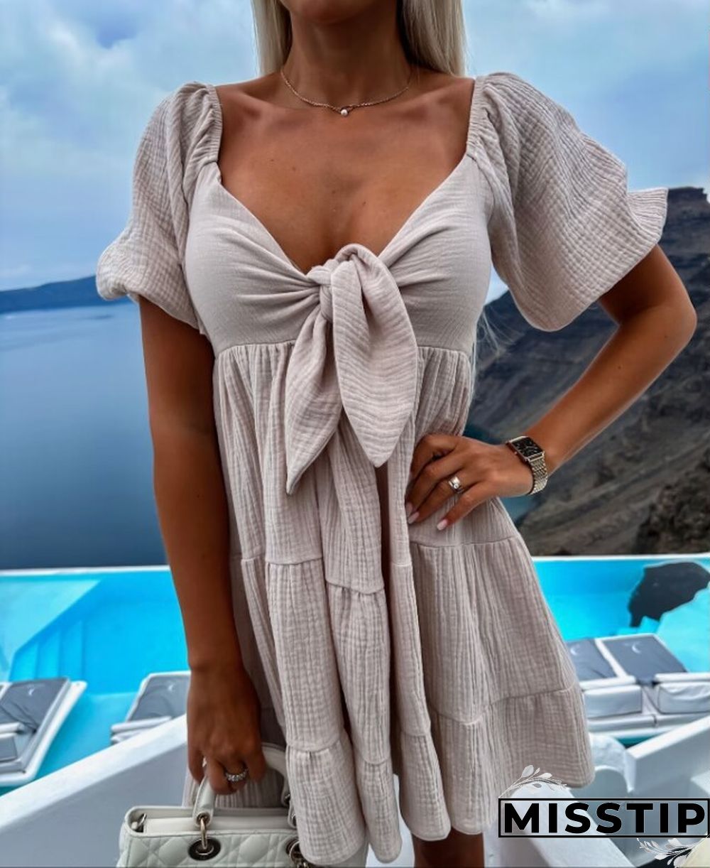 Solid Color V-neck Lace-up Short Sleeve Pleated Mini Dress