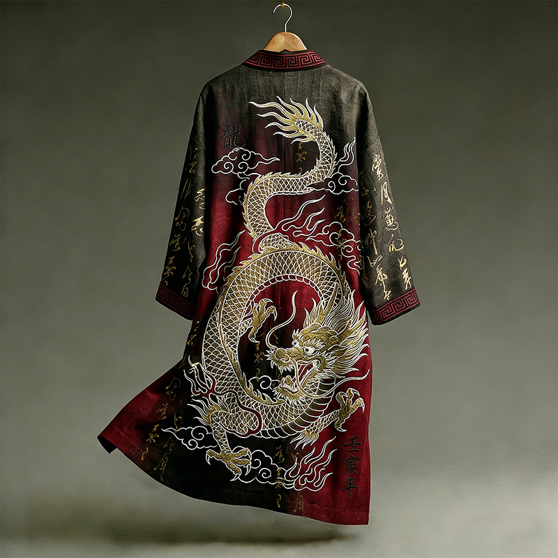 Retro Dragon With Calligraphy Pattern Contrast Color Design Casual Kimono  artssus