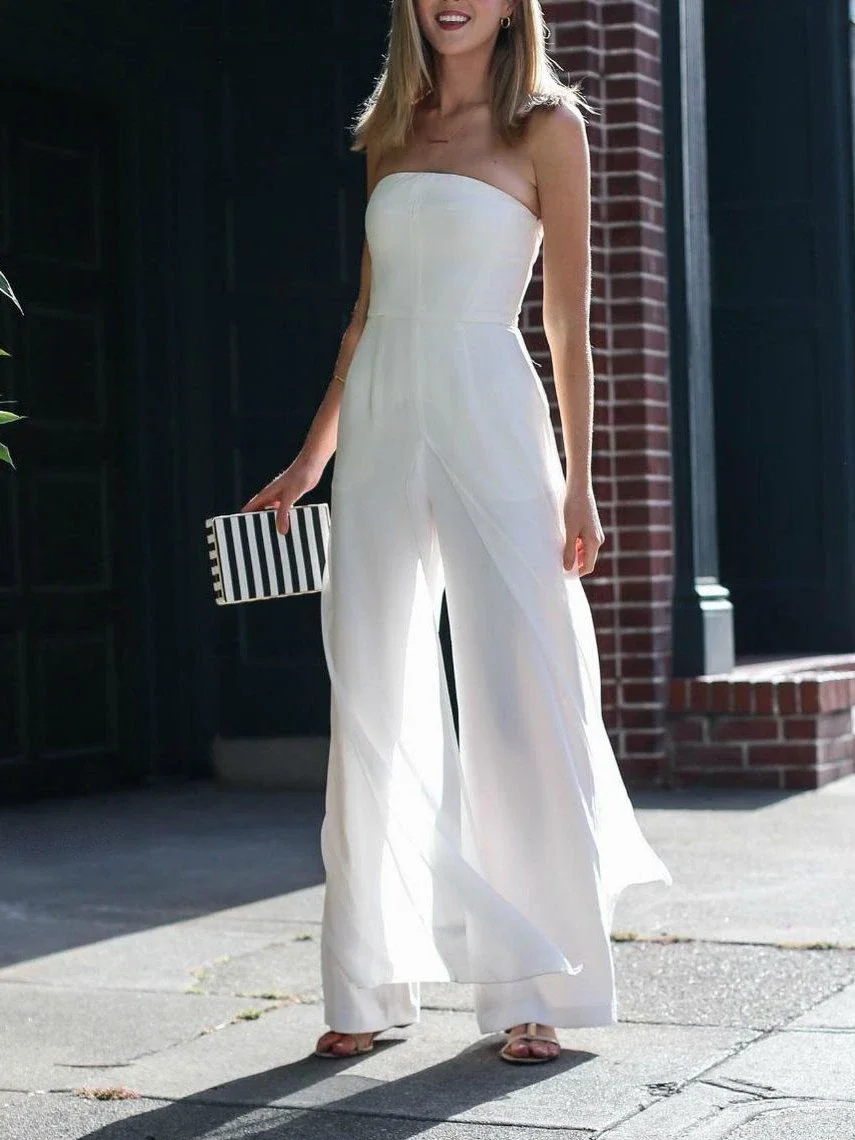 Zachics Solid off shoulder chiffon wedding  jumpsuit-zachics