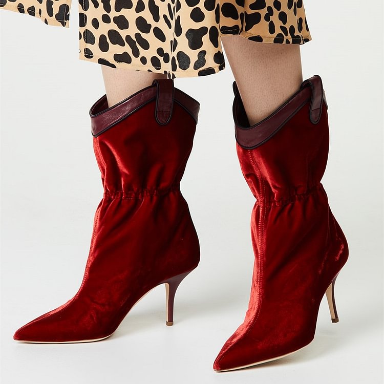 Red Velvet Western Boots Pointy Toe Fashion Mid Calf Boots |FSJ Shoes