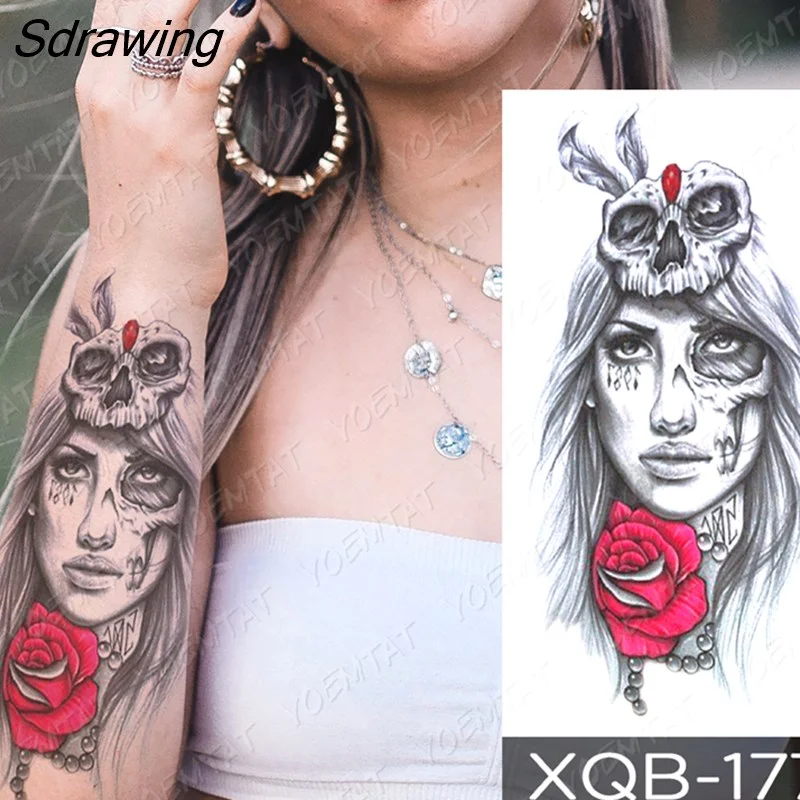 Sdrawing Temporary Tattoo Sticker Rose Snake Flower Tattoos Lace Tiger Dragon Body Art Arm Fake Sleeve Tatoo Women