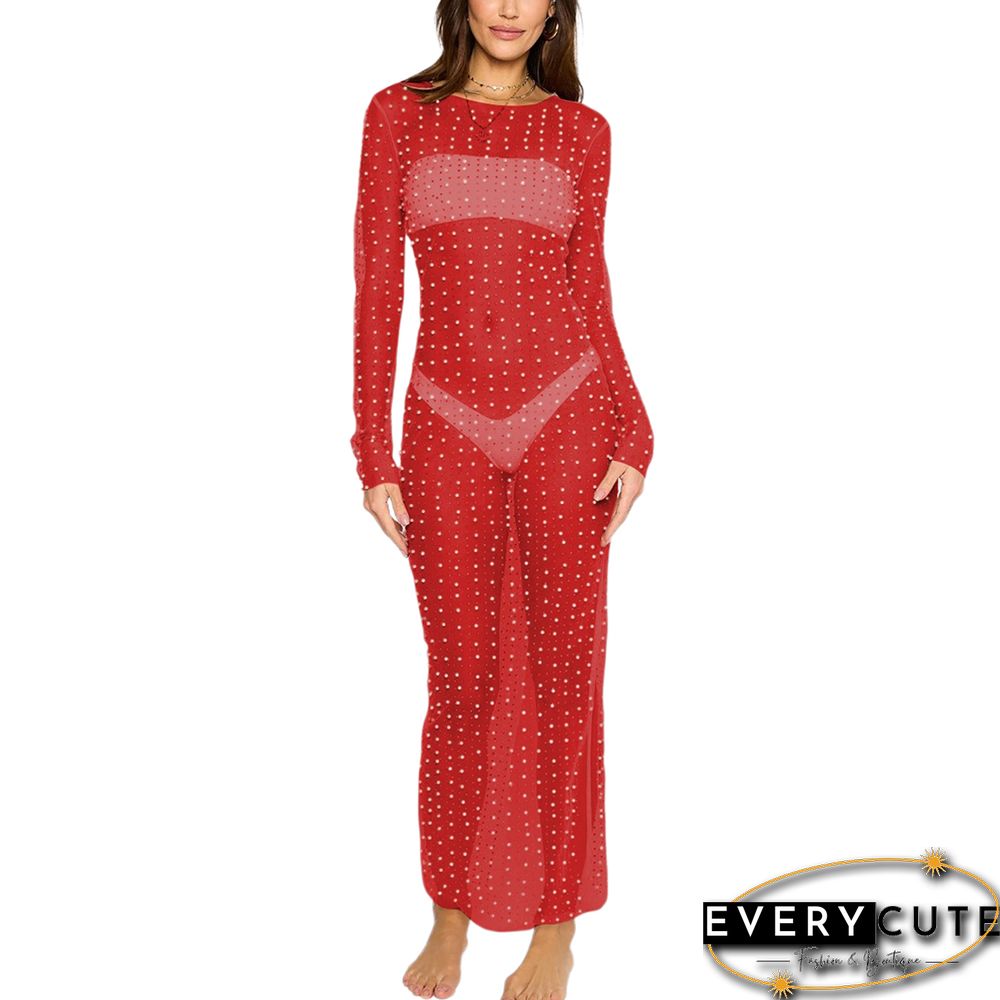 Red Sheer Rhinestone Long Sleeve Long Beach Cover