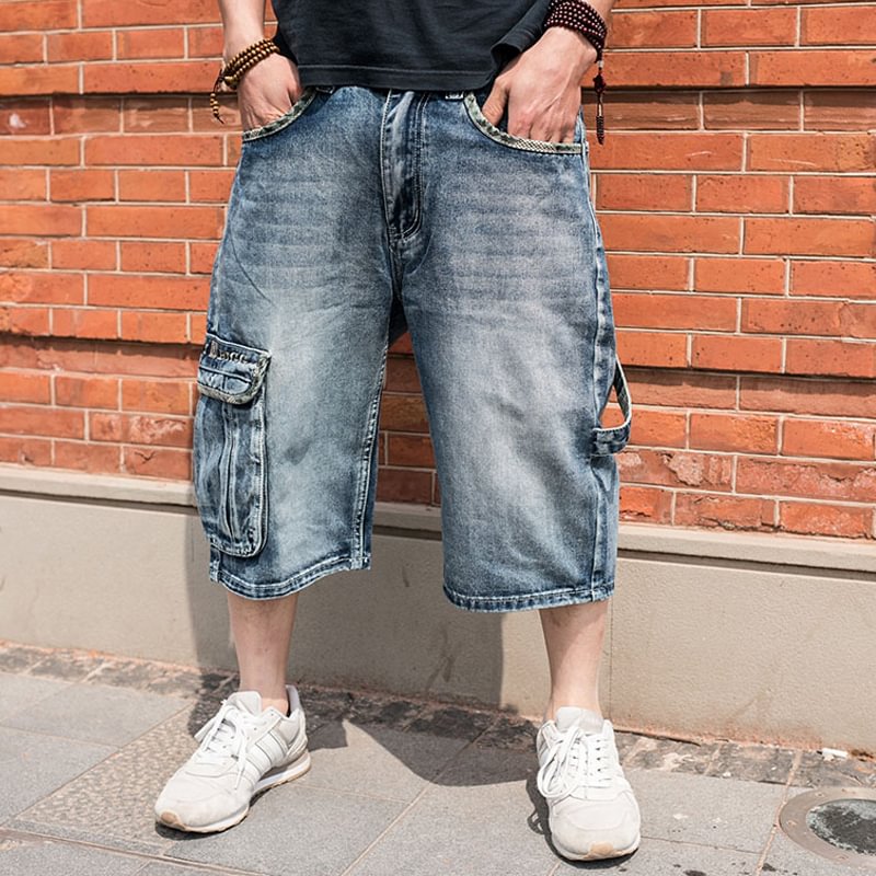 Men's Denim Multi-pocket Oversized Camouflage Stitching Cropped Pants
