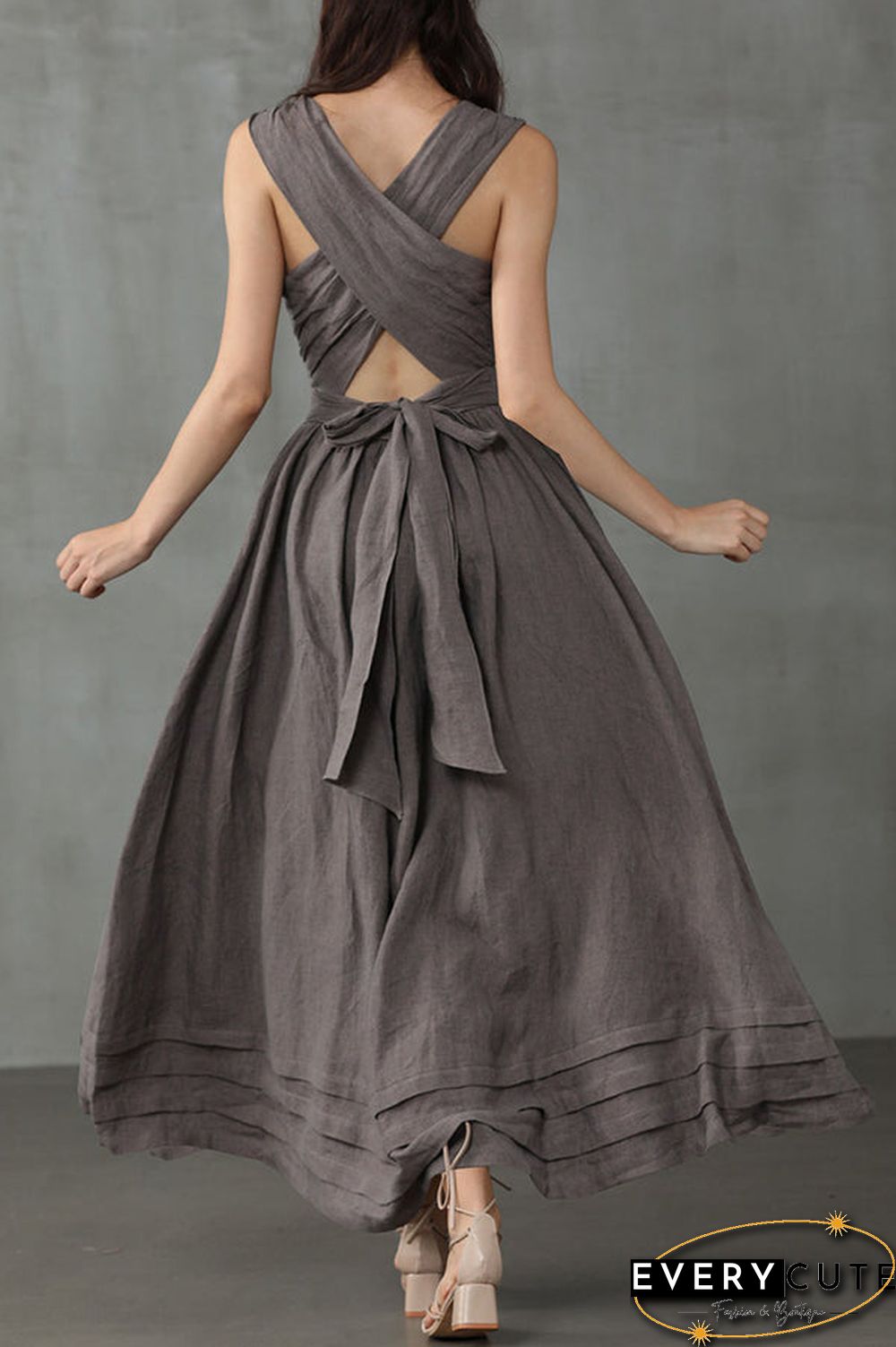 Cross Back O Neck Maxi Linen Dress