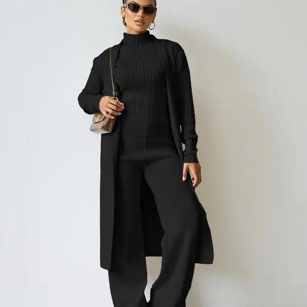 Trendy Knit Turtle Neck Tank & Wide Leg Trousers with Open-front Long Cardigan Three-piece Clothes Sets, Casual Womenswear
