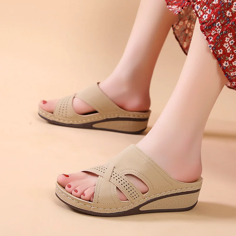 Yyvonne Summer Slope And Low-Top Round Head Sewing Solid Color Hollow Casual Cross-Size Cold Slippers