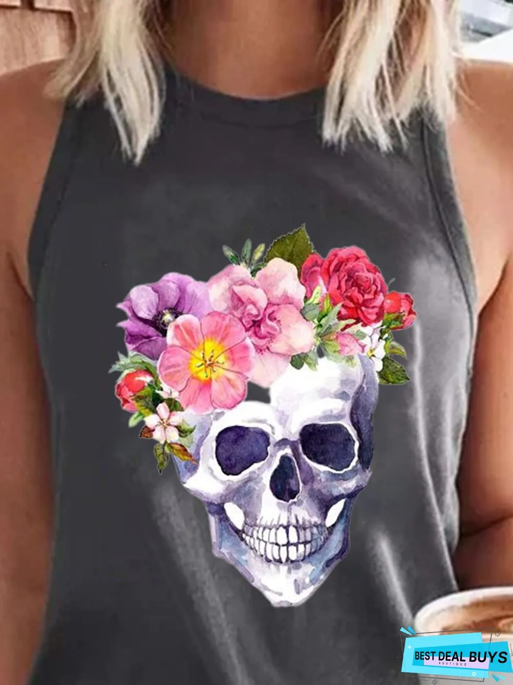 Gray Printed Sleeveless Casual Shift Crew Neck Tank & Cami