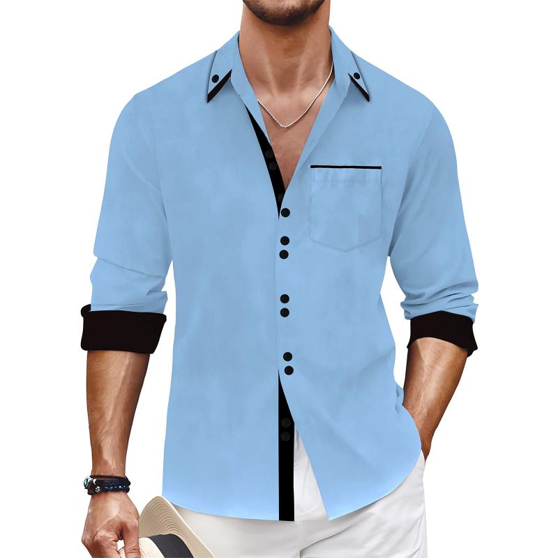 Men's Color Block Lapel Chest Pocket Long Sleeve Shirt 56686158Z