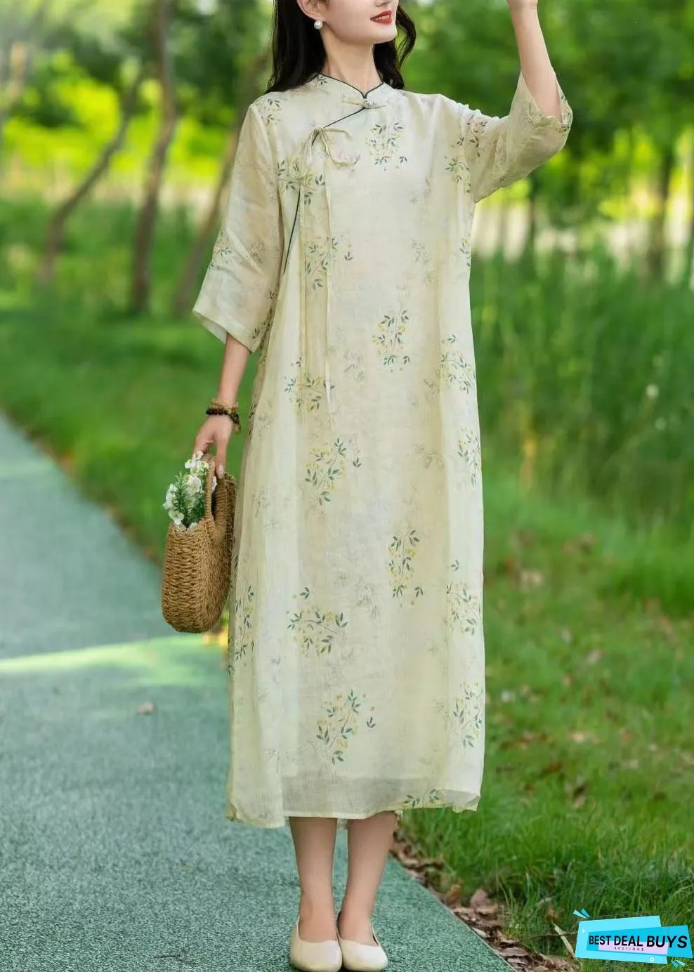 Vintage Beige Stand Collar Print Patchwork Linen Long Dresses Summer