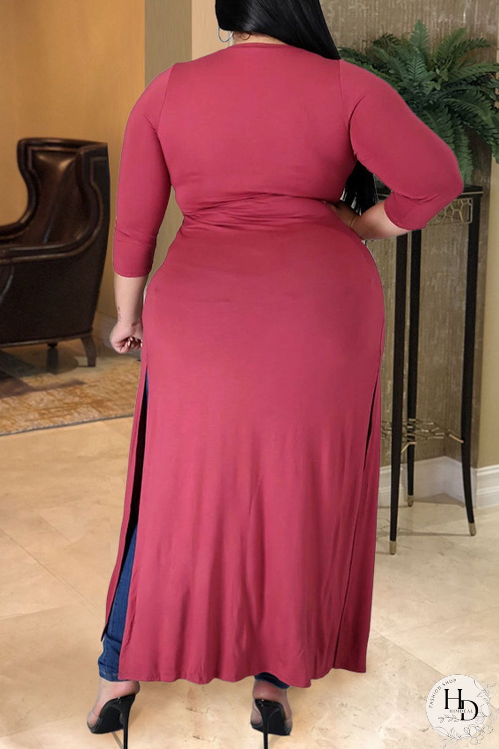 Red Sexy Solid Hollowed Out Slit O Neck Plus Size