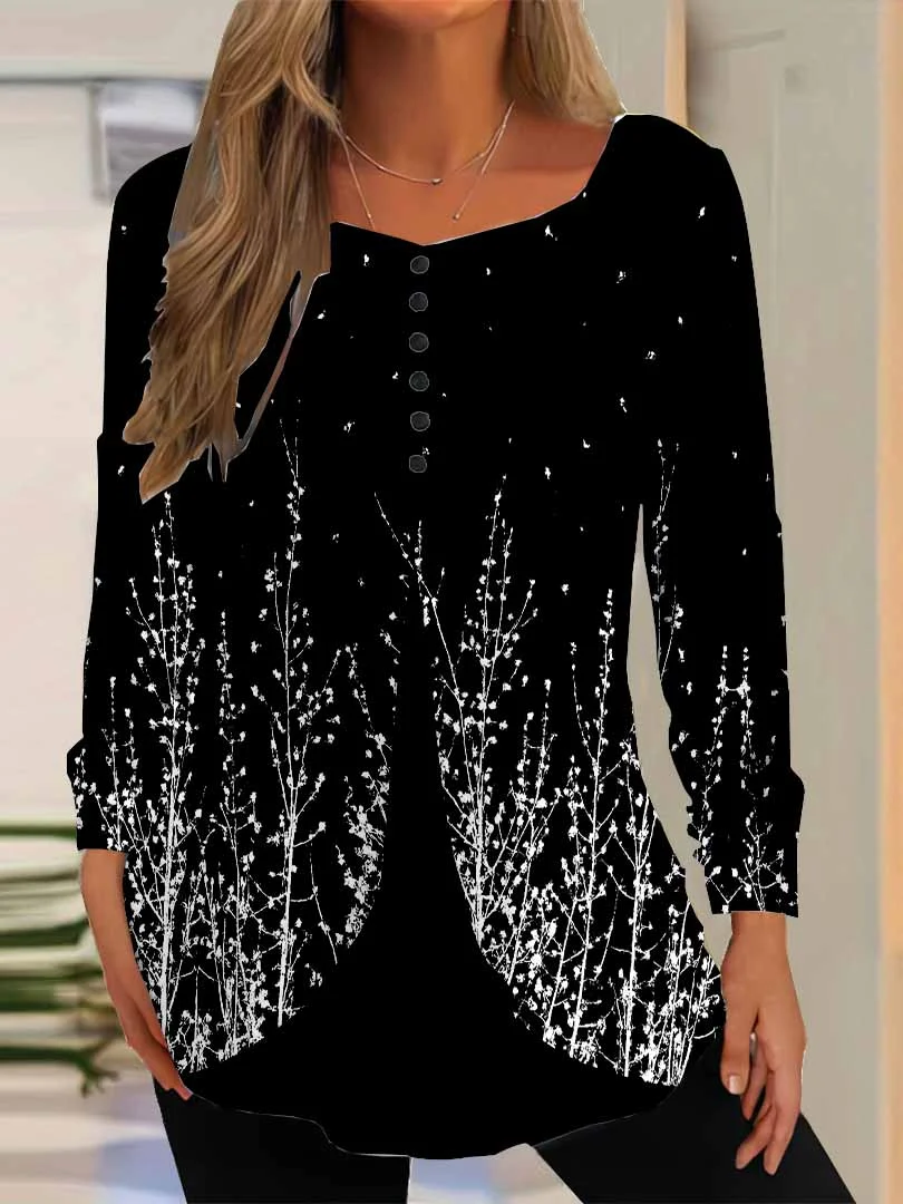 Women Floral,Black DZGG8338 Long Sleeve Scoop Neck Printed Graphic Button Fake 2in1 Tops