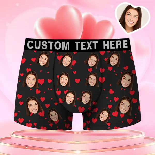 Valentine's Day Gifts Custom Face Men's Boxer Red Heart Funny Face Gift For Boyfriend Style Underwear, Birthday Gifts For Husband, Waistband Text Boxer Gift elevenforest