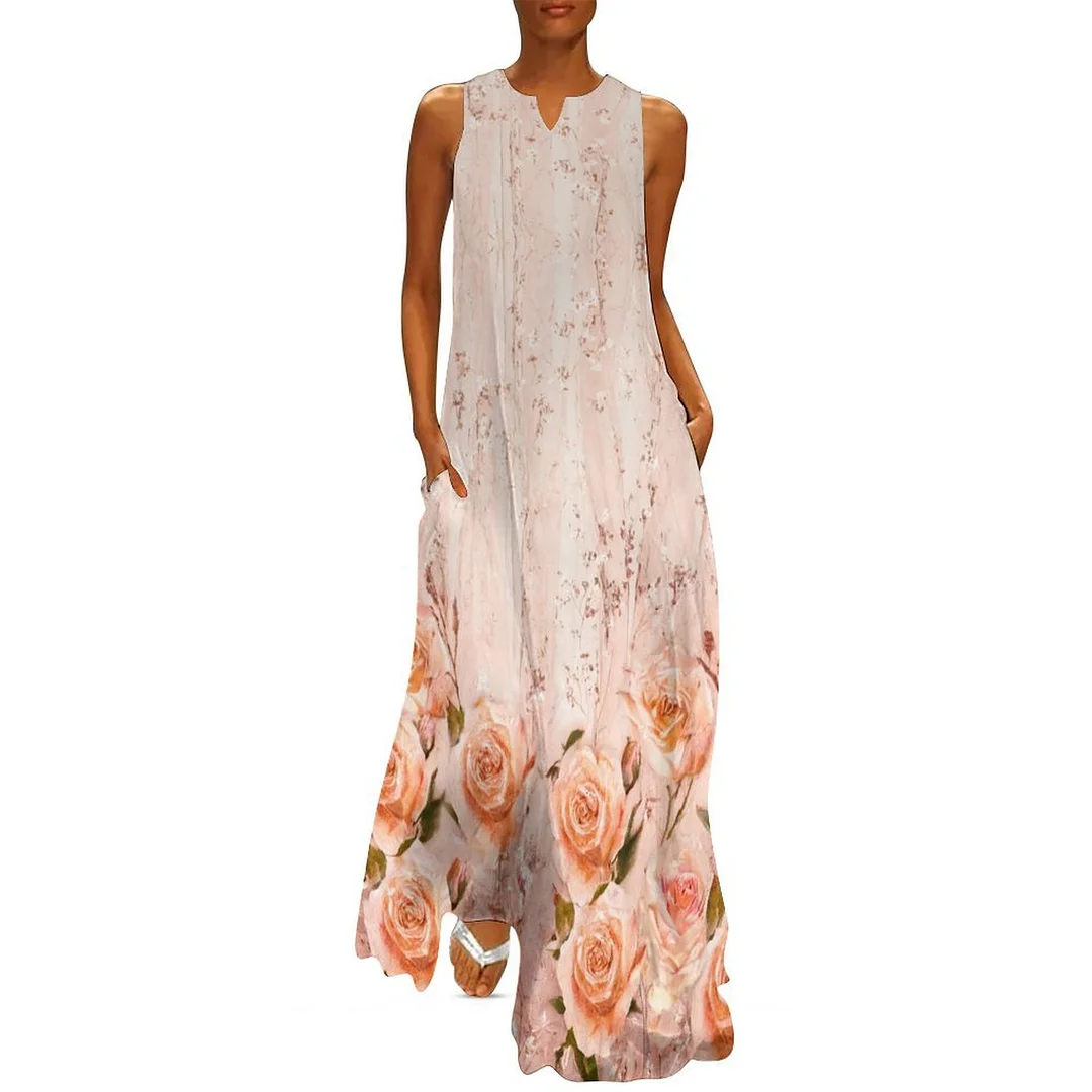 Style & Comfort for Mature Women Plus Size Printed Sleeveless Casual Women Maxi Dress with Pockets in Pattern Floral, Glitter, Pink