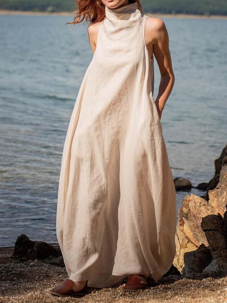 Sleeveless High Neck Drawstring Loose Dress 