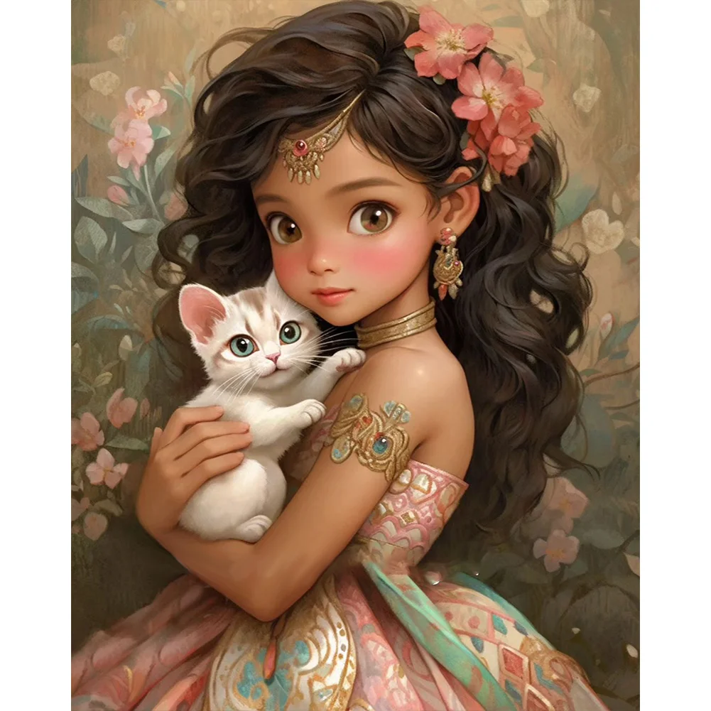 Full Round Diamond Painting - Girl Cat(Canvas|40*50cm)