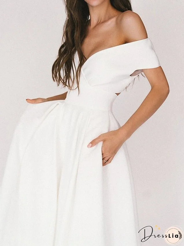 Women's Dress - Semi Formal Party Dress Casual Dress Swing Dress White Dress Midi Dress White Short Sleeve Pure Color Backless Winter Fall Spring V Neck Elegant Dress Vacation Summer Dress S M L XL XXL