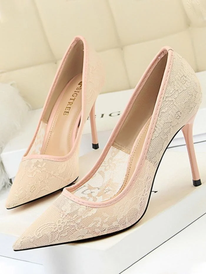 Sexy stiletto high heel shallow mouth pointed toe mesh hollow lace single shoes