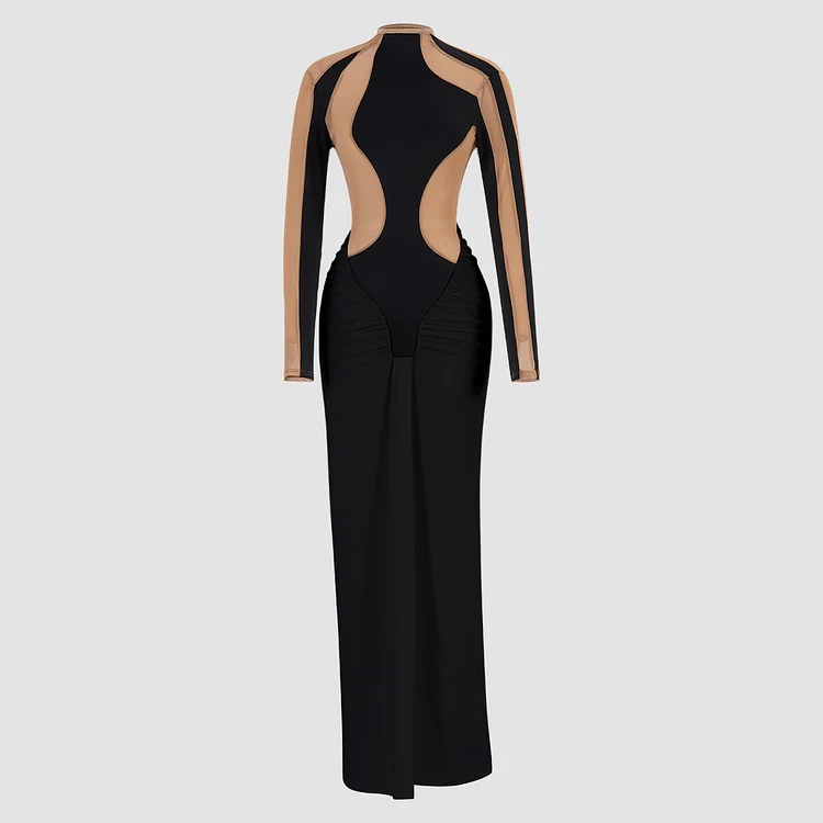 Contrast Color Long-sleeved Pleated Dress