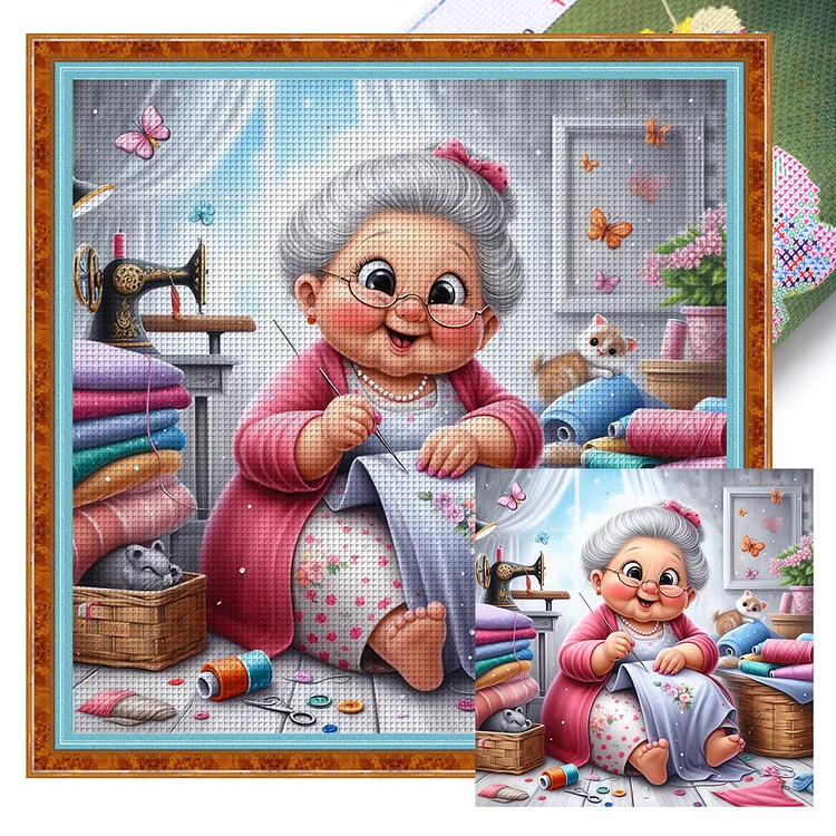 【Huacan Brand】Happy Old Lady Doing Sewing 11CT Stamped Cross Stitch 45*45CM