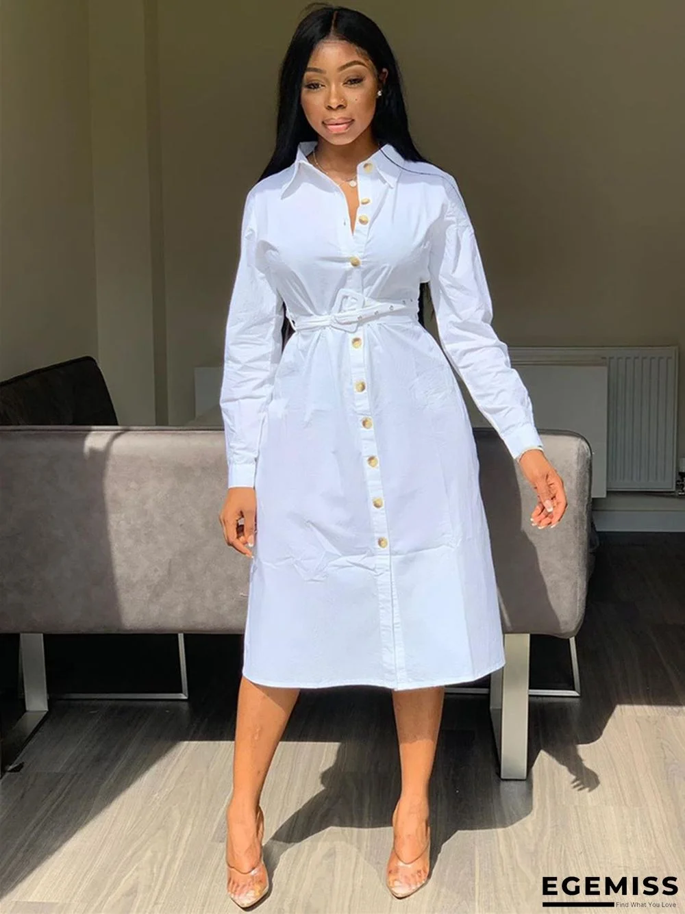 Fashion Solid Color Shirt Dress Without Belt | EGEMISS