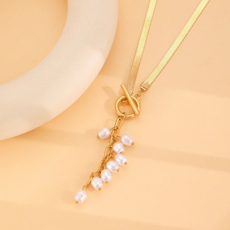 Baroque Palace Style Imitation Pearl Tassel Necklace Vintage Geometric Flat Snake Bone Necklace Europe And America  Niche Accessories