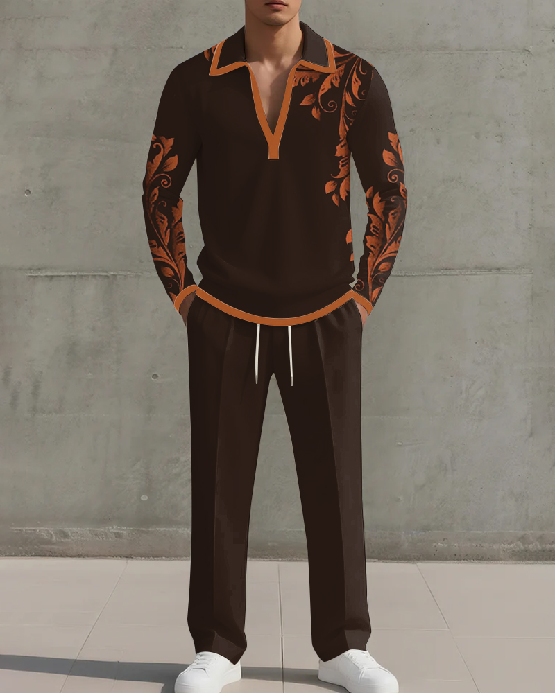 Big & Tall Men's Brown Geometric Print POLO V-Neck Long Sleeve Pants Two-Piece Set