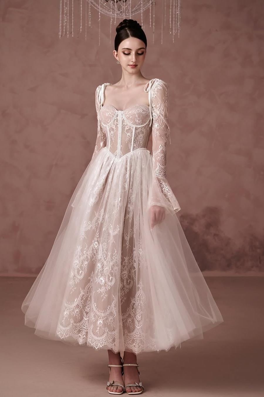 Oknass Long Sleeves Sweetheart Long Prom Dress With Lace Embroidery