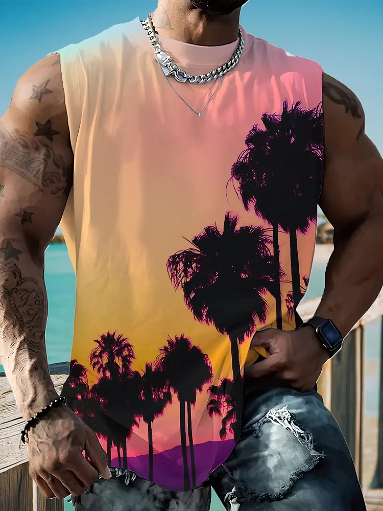 Men's Trees Sunset Scenery Print Vacation Tank Top
