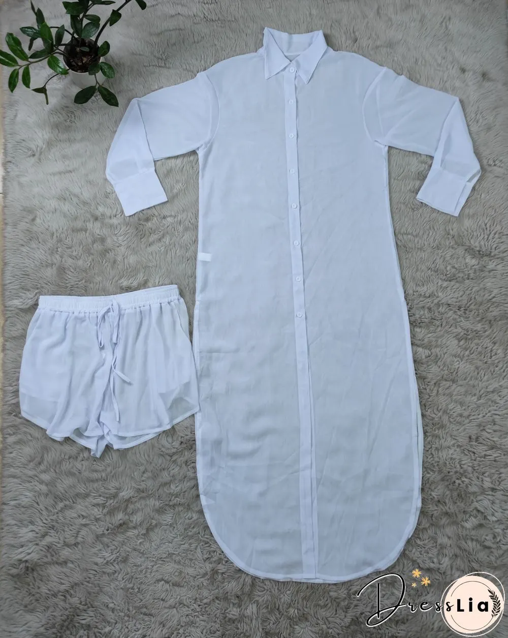 Long Sleeve Chiffon Shirt Dresses+Shorts Two Piece Set