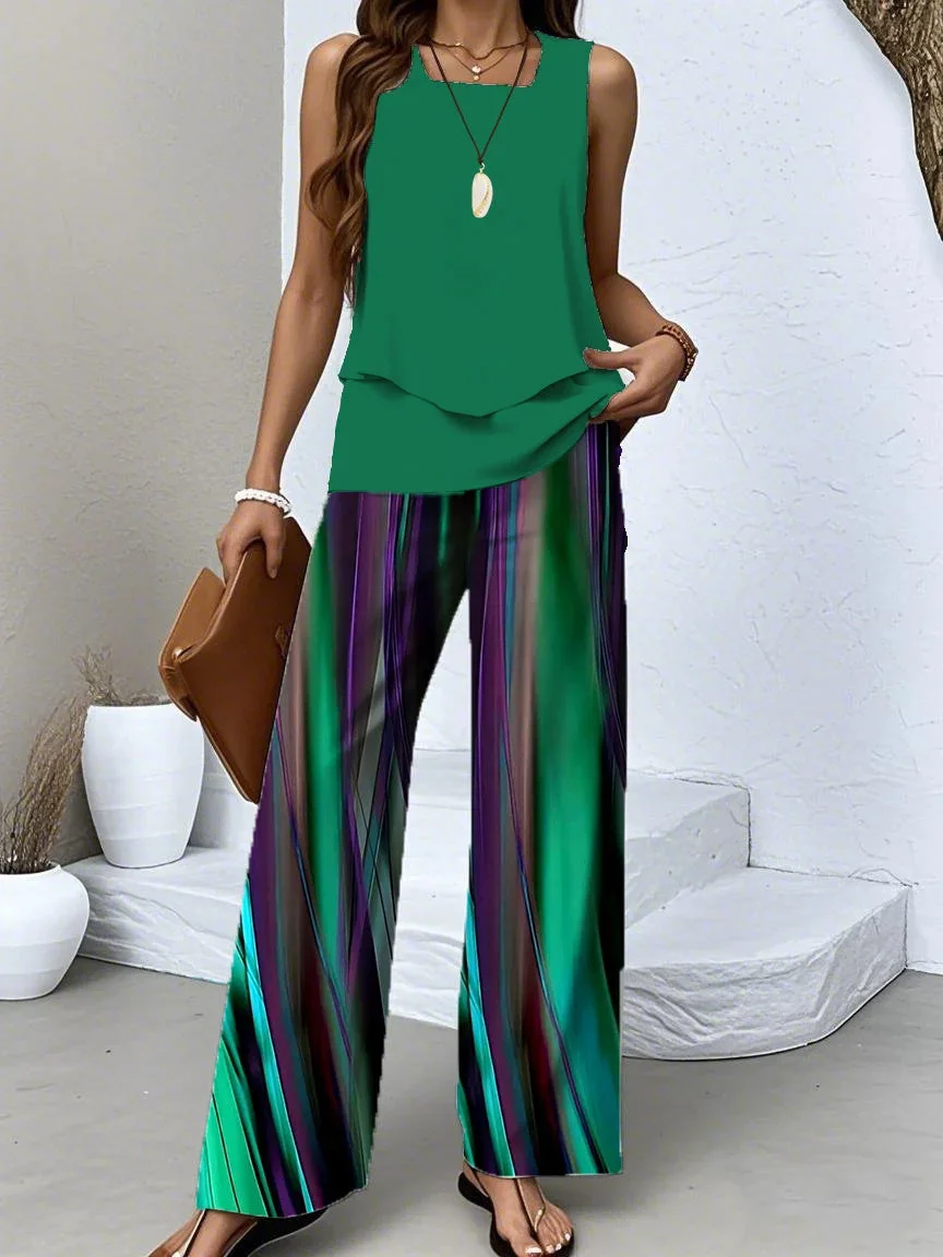 Women's Sleeveless Square Collar Striped Graphic Printed Casual Set