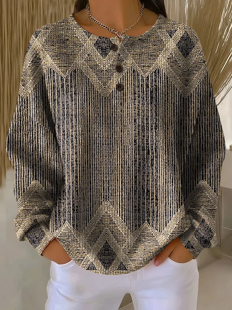 Women's  Vintage Abstract Geometric Art Print  Casual Cotton Shirt