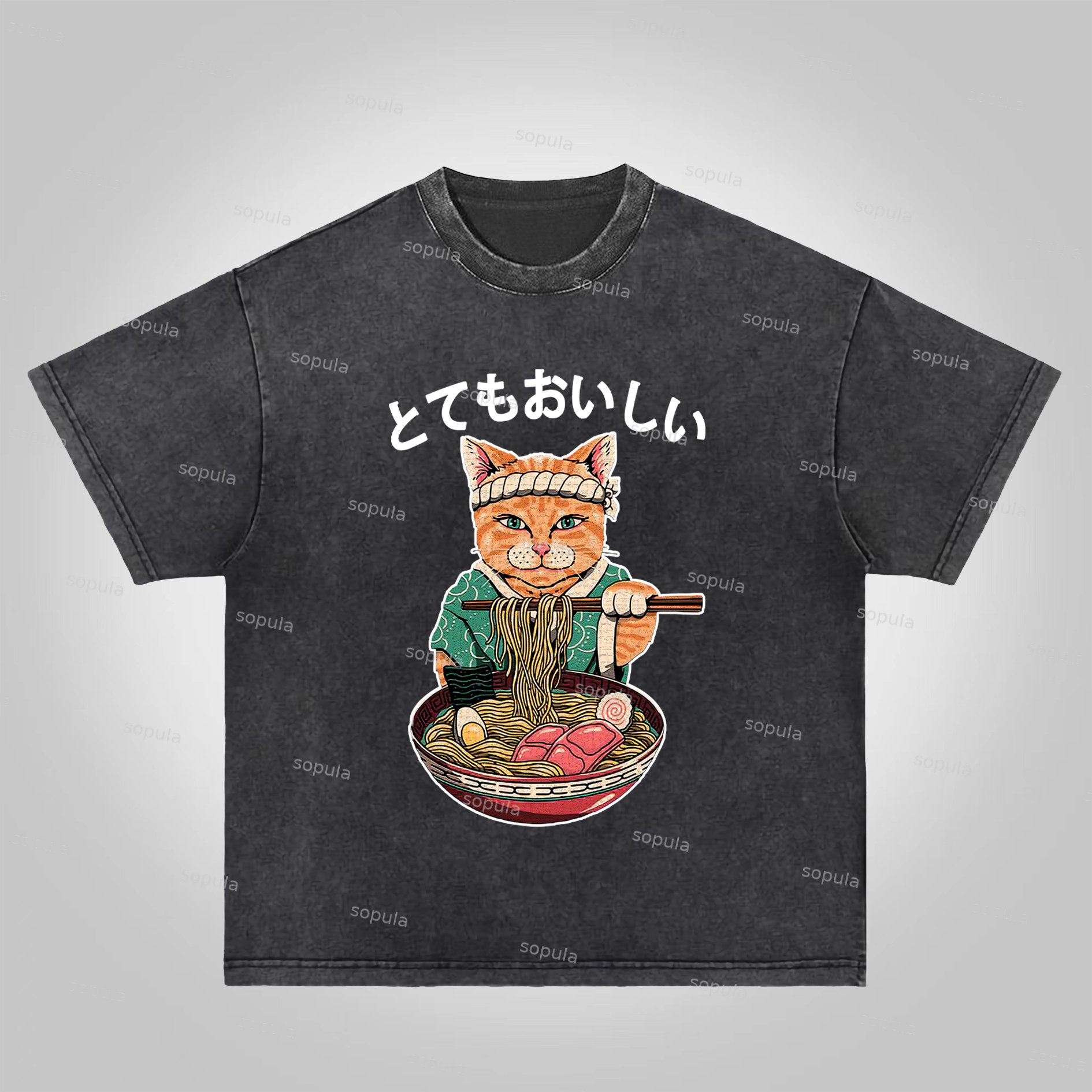 Sopula Cats Eat Ramen Noodles Print Acid Washed T-Shirt - SOPULA