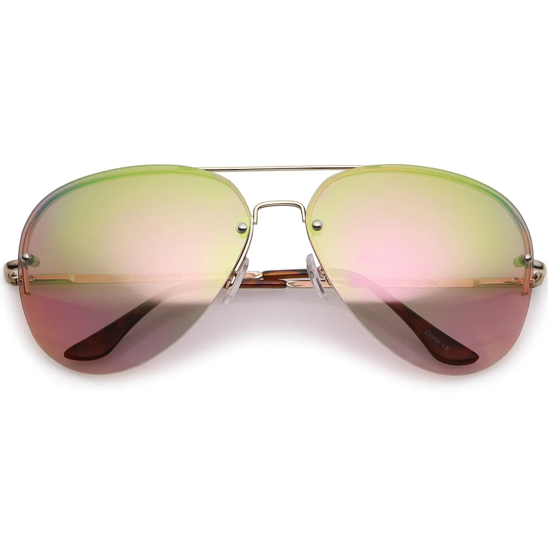Oversize Rimless Aviator glasses Teardrop Mirrored Lens Metal Slim Arms 65mm