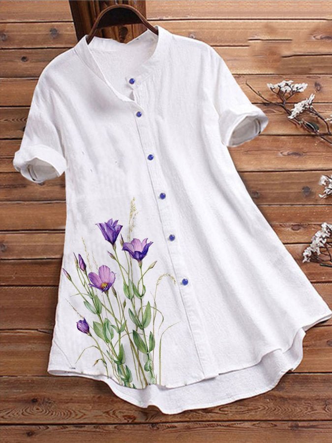 Women's Floral Print Casual Cotton Linen Shirt