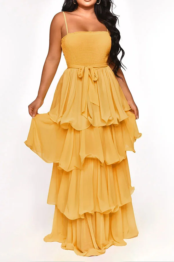 Solid Color Stunning Lace-Up Tiered Ruffle Maxi Dress