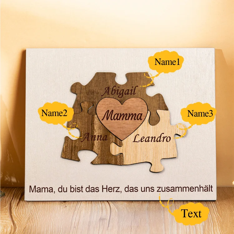 Mutter Holzbild-Personalisierter Text & 3 Namen Mama Puzzle Holzdekoration-Geschenk für Mutter