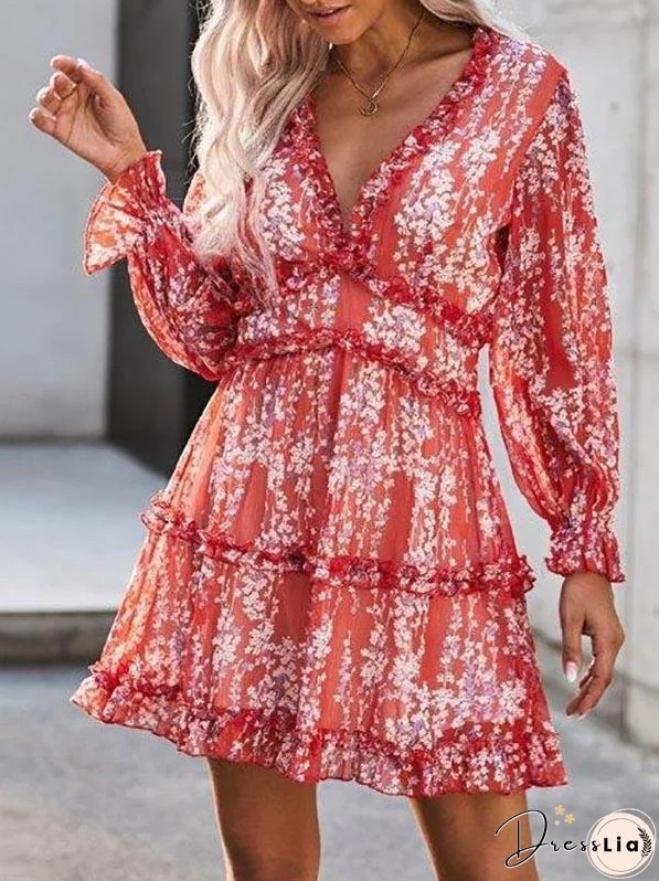 Ditsy Floral Print Backless Frill Trim A-line Dress