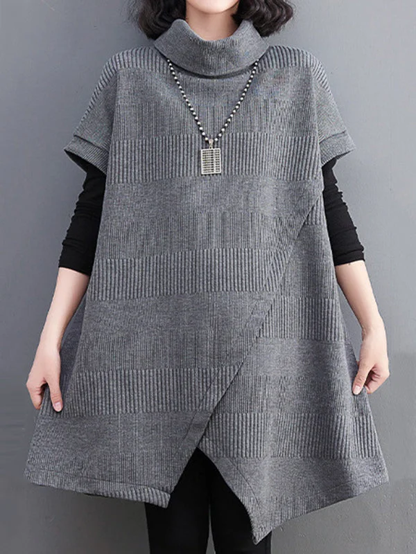 Asymmetric Pure Color Split-front Split-Joint Roomy Raglan Sleeve High-neck Mini Dresses Knitwear