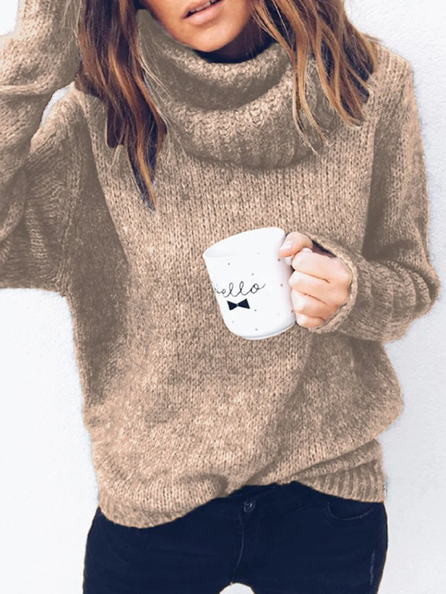 High Neck Solid Color Long Sleeve Knitting Sweater