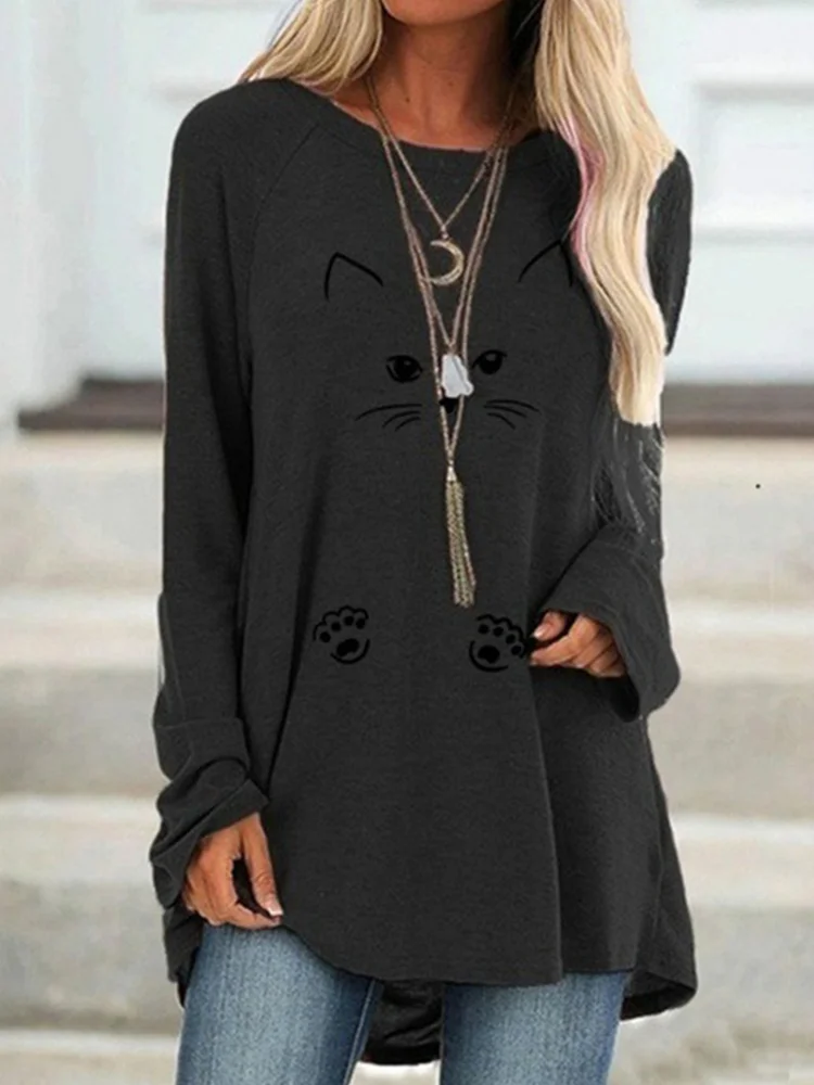 Lovely Cat Face Printed Long-Sleeve Tee Dress