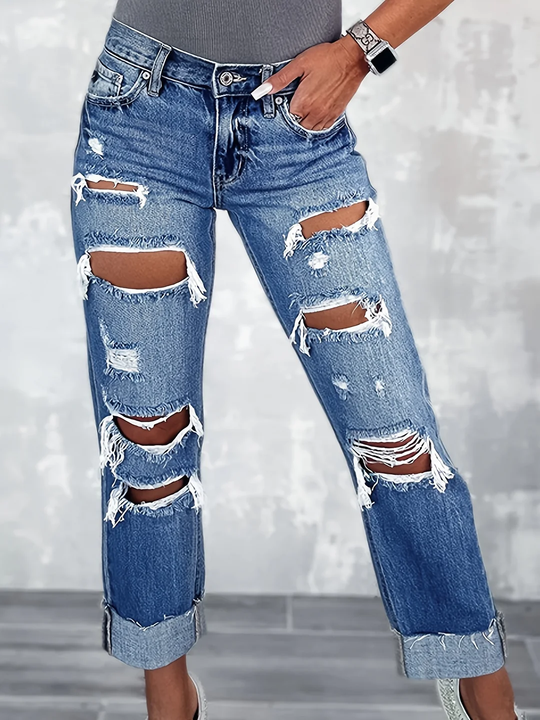 Women's High-Waisted Ripped Jeans - Classic Five Tear Design, Machine Washable Non-See-Through Denim Pants For Everyday & Formal Outfits - All-Season Streetwear Jeans For Women, Casual Attire, Trendy Denim | IFYHOME