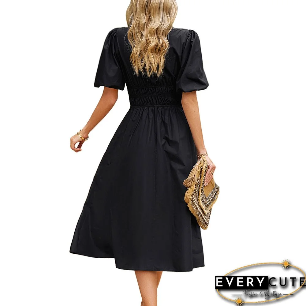 Black Solid V Neck Pleated Waist Midi Dress