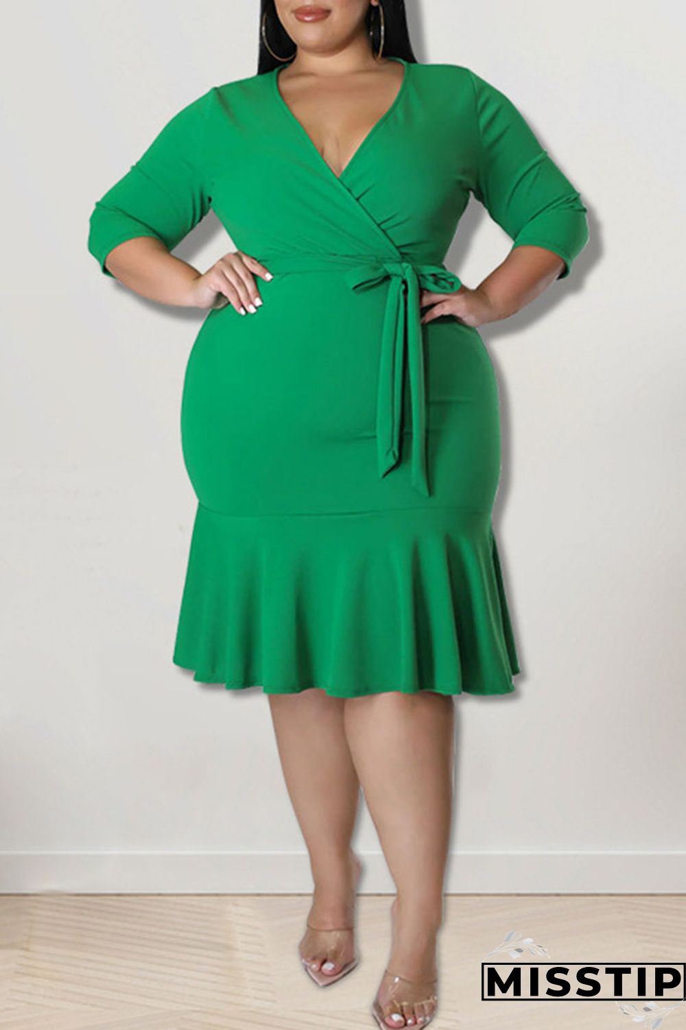 Black Casual Solid Bandage Patchwork Flounce V Neck Straight Plus Size Dresses