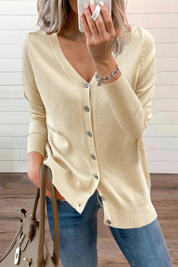 Solid Button V Neck Long Sleeve Lightweight Cardigan